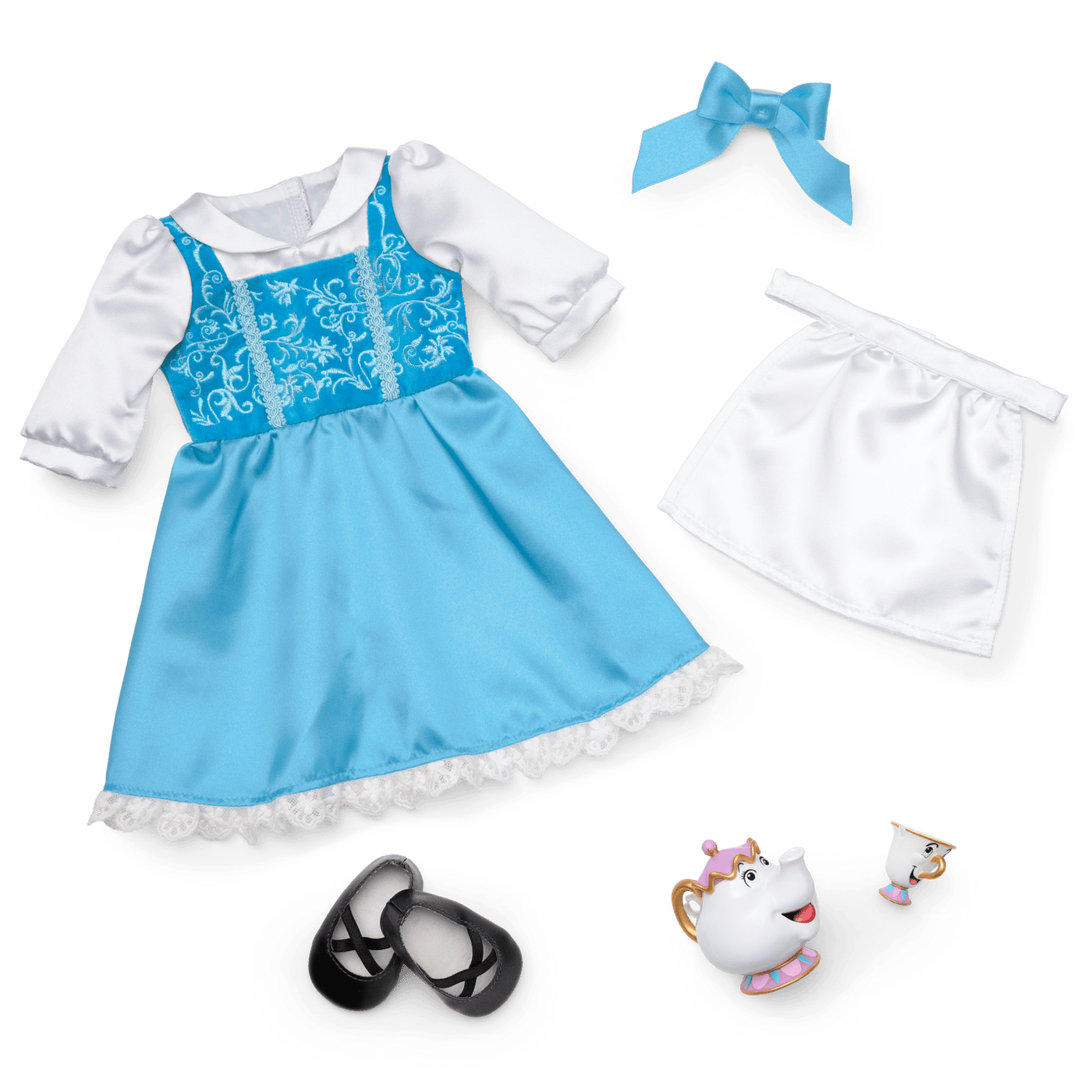 American Girl® Disney Princess Belle Blue Dress, Mrs. Potts, Chip & Accessories for 18-inch Dolls M1