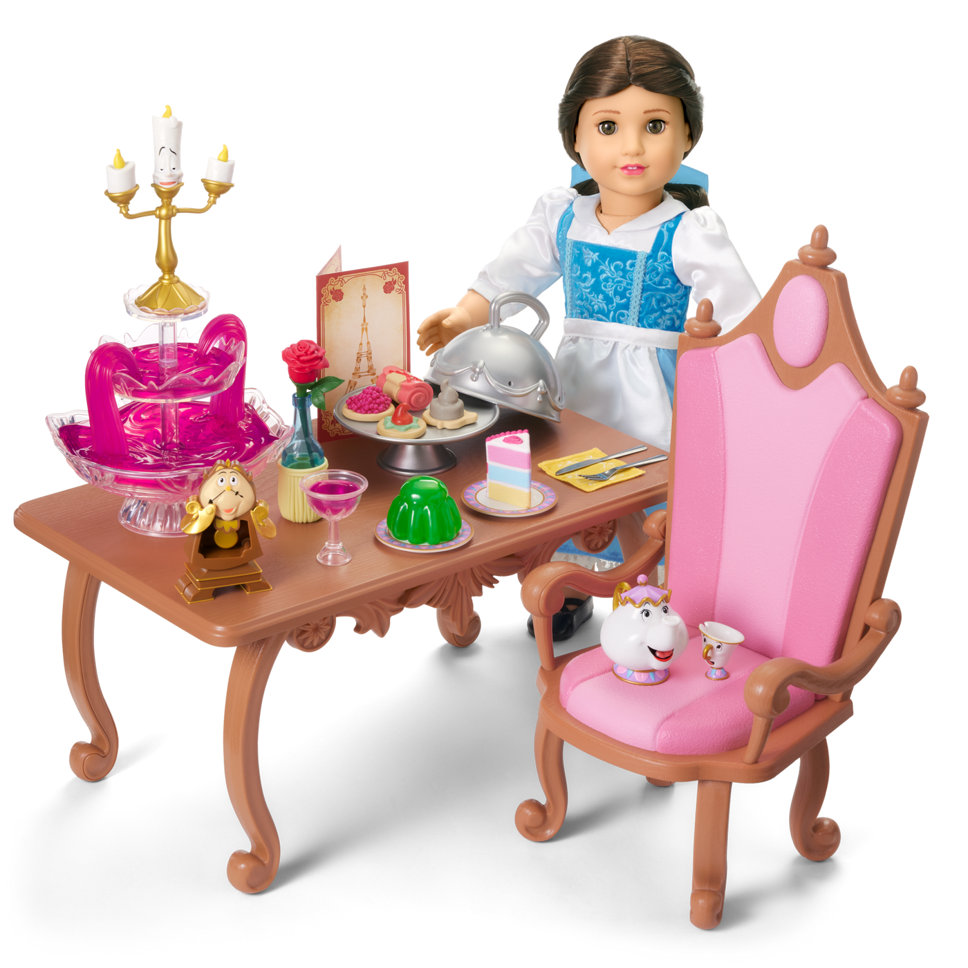 Disney Princess Belle Enchanted Castle Dining Set, Blue Dress & Friends Bundle for 18-inch Dolls V1