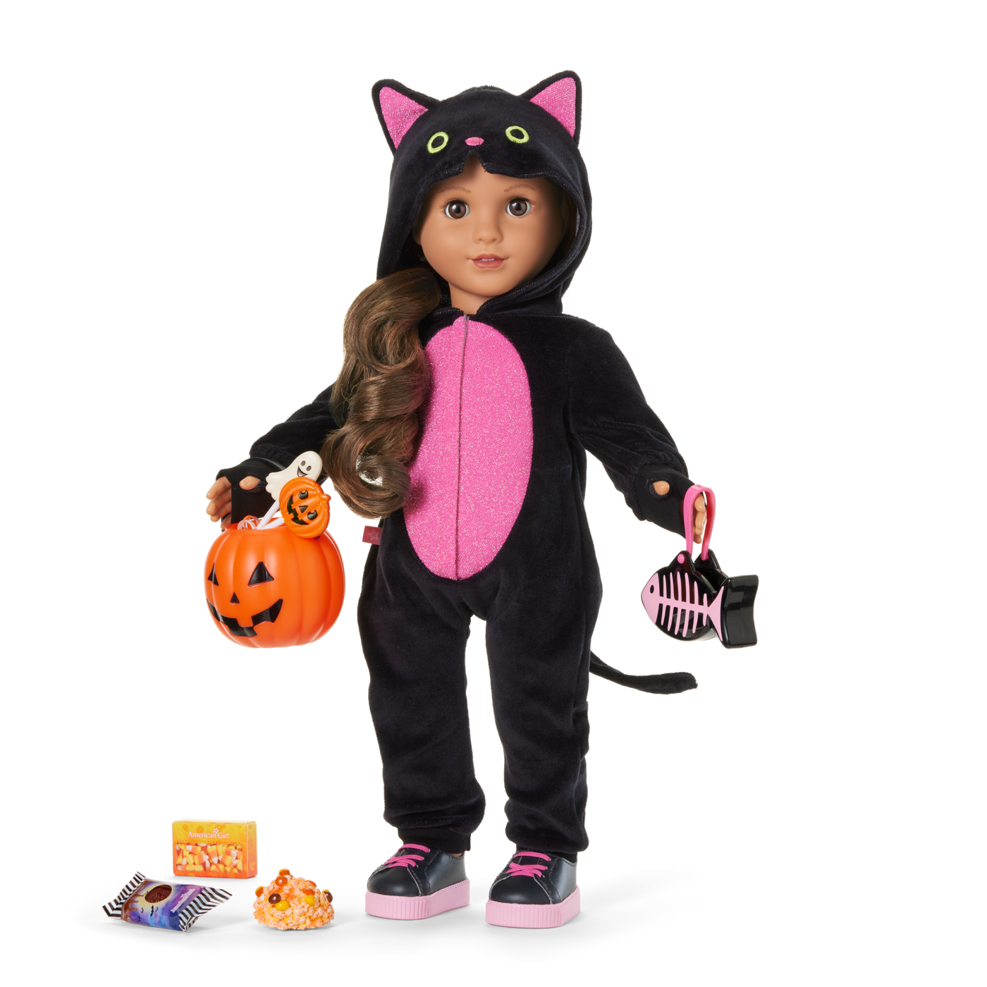 Claws & Cuddles Cat Costume & Trick-or-Treat Set Bundle for 18-inch Dolls A3